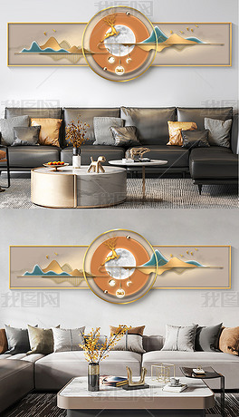 轻奢新中式山水风景麋鹿发财客厅山水装饰画3