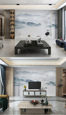 1新中式蓝色山水风景画背景墙