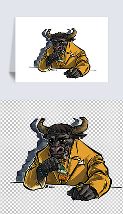 手绘 牛插画|拟人化手绘卡通黑牛