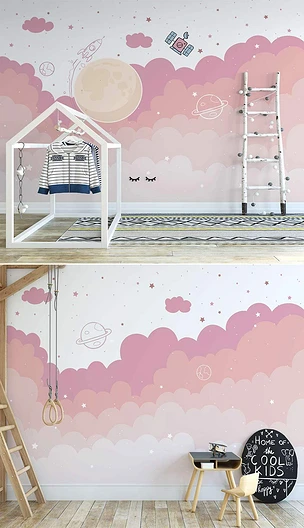 北欧ins手绘粉色太空星空云朵儿童房背景墙