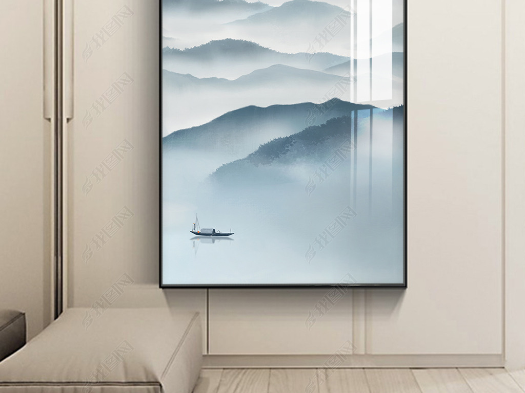 极简新中式水墨意境山水玄关装饰画