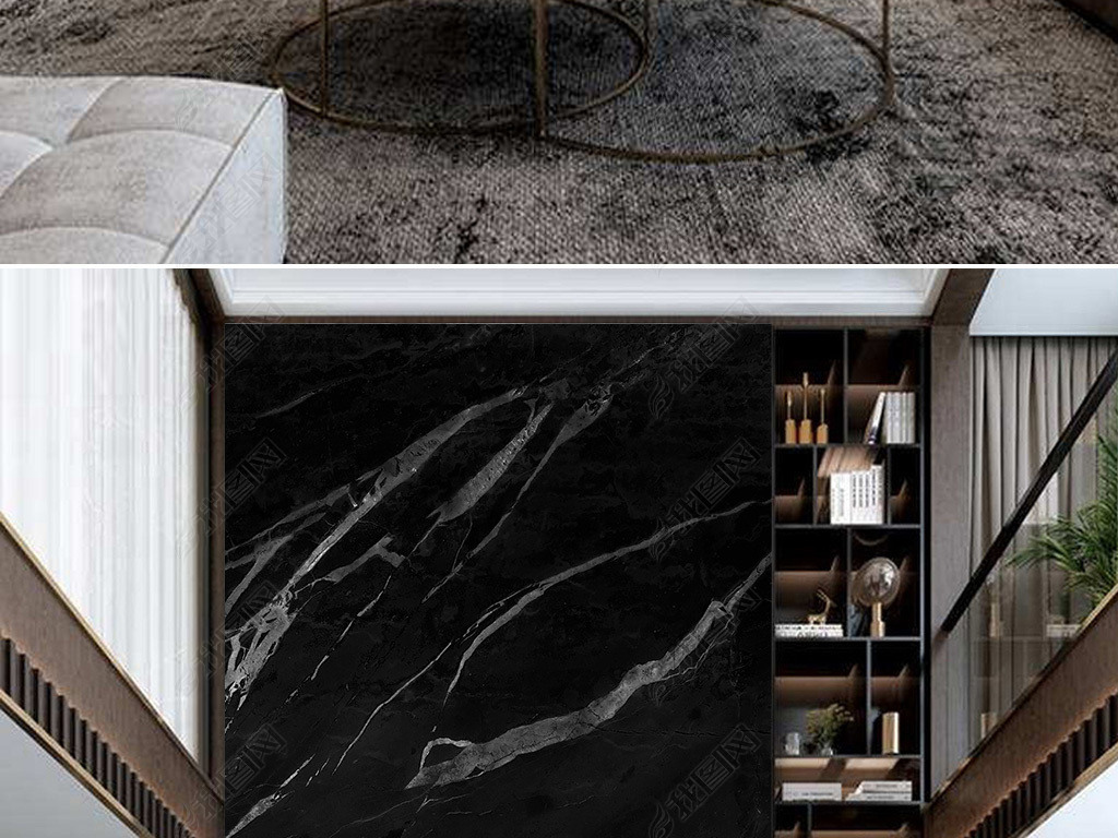 现代简约北欧黑色大理石纹岩板复式背景墙壁画
