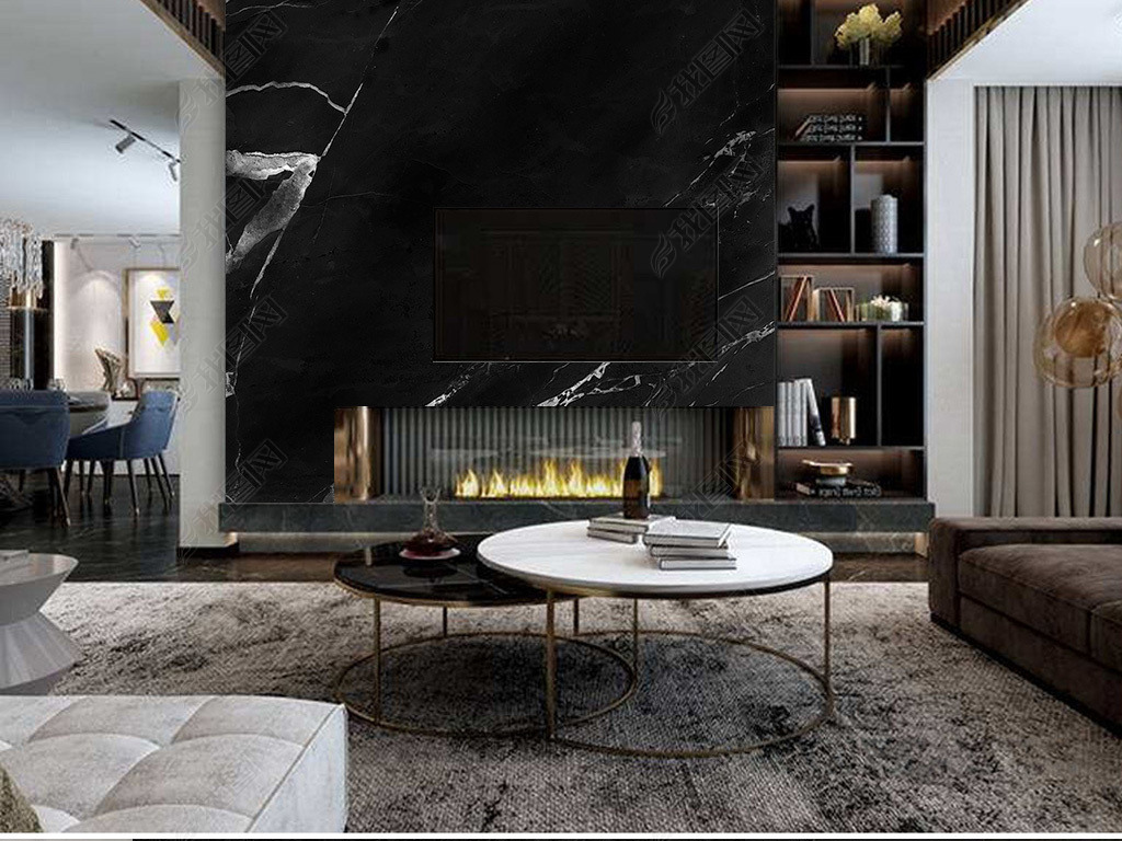现代简约北欧黑色大理石纹岩板复式背景墙壁画