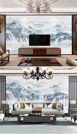 现代简约新中式纹意境水墨山水电视背景墙