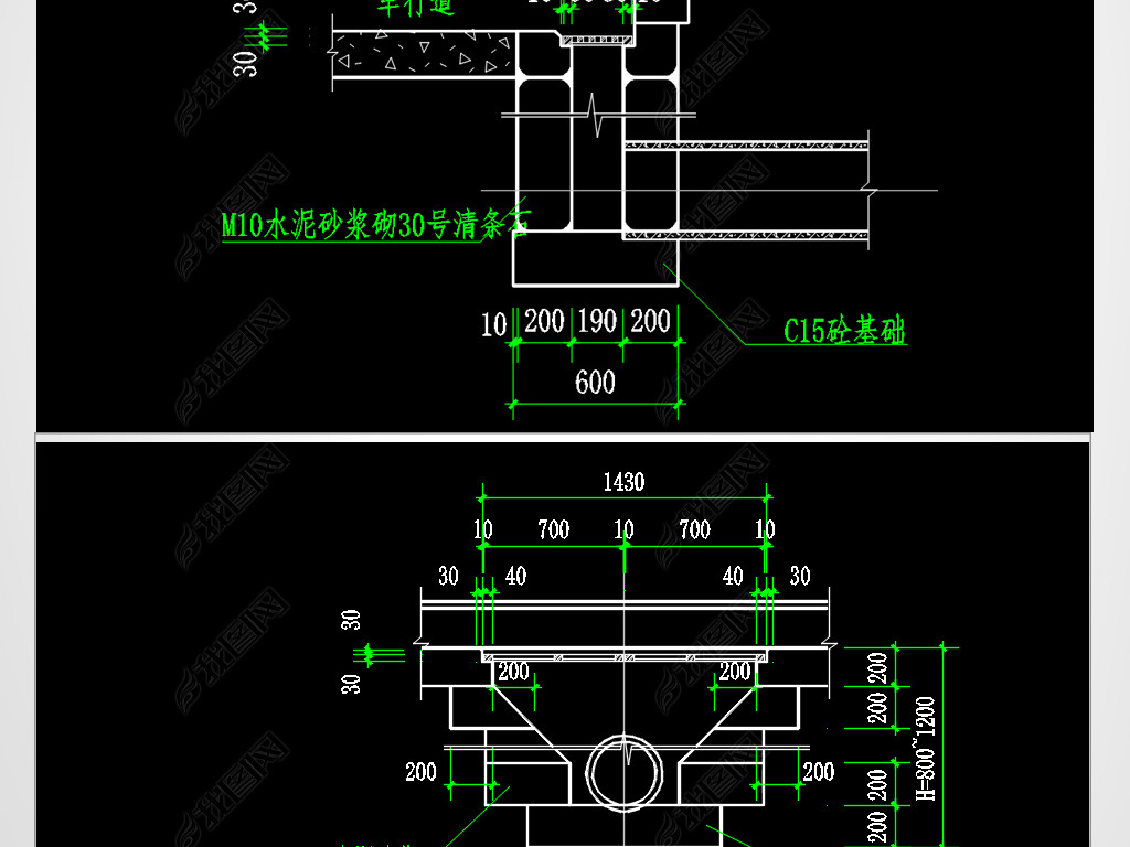 原创路排水系统混凝土管基础双篦雨水口大样cad图版权可商用