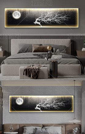 现代轻奢星空月球麋鹿线条抽象金丝装饰画床头画