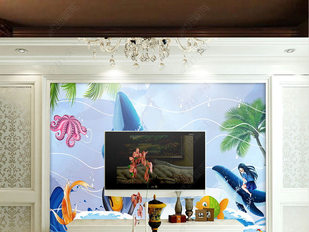 手绘卡通蓝色梦幻海底世界风景画电视背景墙