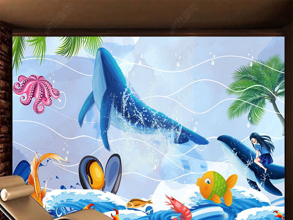 手绘卡通蓝色梦幻海底世界风景画电视背景墙