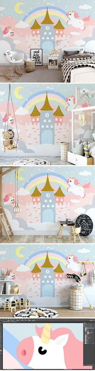 北欧ins手绘彩虹独角兽粉色城堡儿童房背景墙