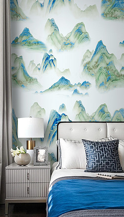 新中式青绿山水国画千里江山壁纸壁画墙布图案