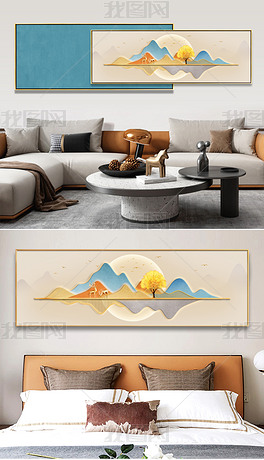 轻奢新中式大气背有靠山床头客厅山水装饰画2