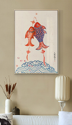 吉祥鱼原创锦鲤吉祥图新中式原创手绘鲤鱼装饰画