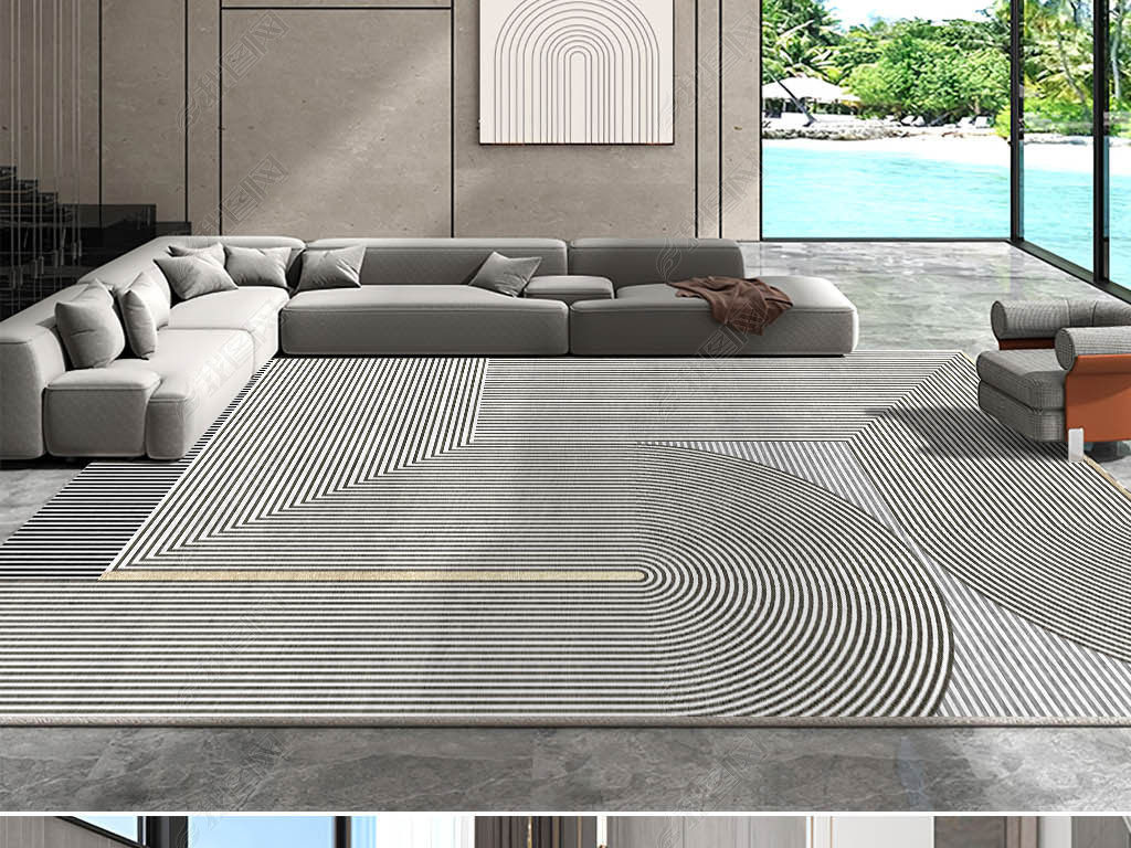 现代灰色简约轻奢抽象条纹客厅床边玄关地毯地垫