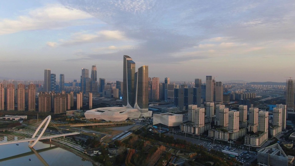航拍南京河西双塔商务建筑