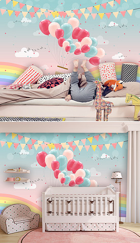 热气球彩虹小清新儿童房背景墙
