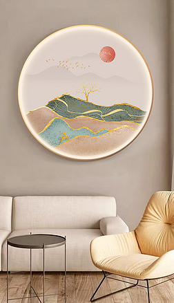 现代轻奢抽象几何山水画led灯圆形装饰画