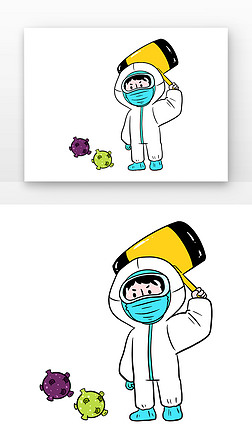 抗击疫情穿防护服的医生拿锤子击退病毒