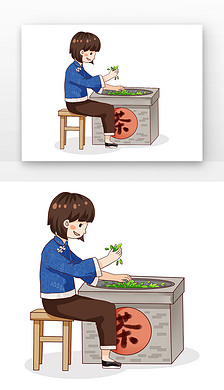 蓝色卡通女孩炒茶制作过程插画