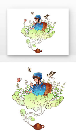 采茶的少女采茶茶壶蓝色卡通女孩晒茶制作过程插画蓝色卡通女孩炒茶