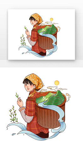 采茶的少女背篓茶田采茶的少女采茶茶壶蓝色卡通女孩晒茶制作过程插画