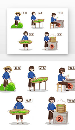 炒茶制作过程插画橘色男孩晒茶制作过程插画蓝色女孩晒茶制作过程插画