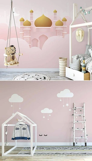 北欧ins手绘粉色城堡卡通儿童全屋卧室背景墙