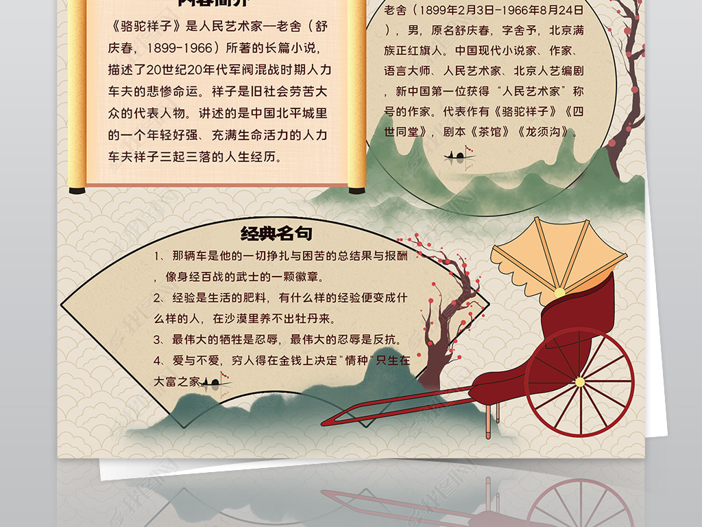 原创骆驼祥子手抄报老舍中国文学名著小报黑白涂色版权可商用