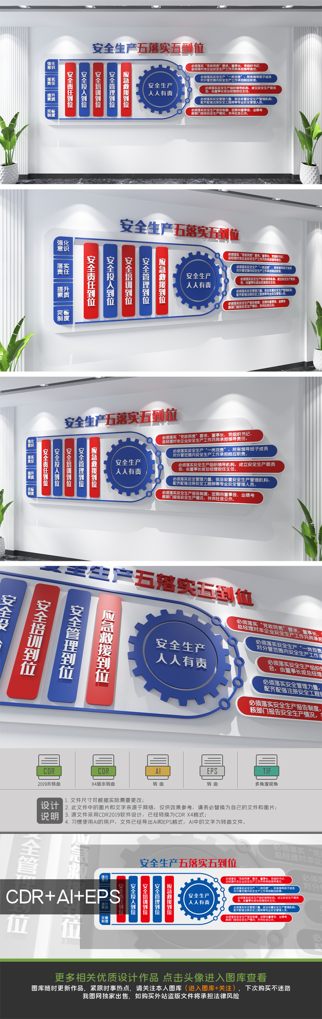 原创安全生产五落实五到位安全生产文化墙企业安全-版权可商用