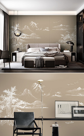 新中式现代简约水墨山水线条山水卧室沙发背景墙