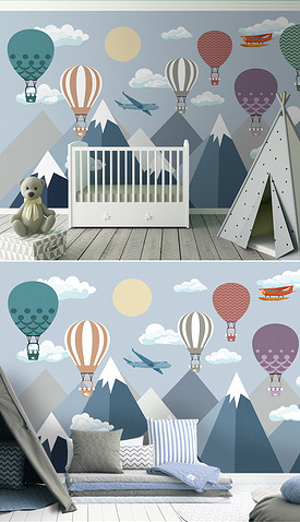儿童卡通氢气球几何山飞机儿童房背景墙壁画