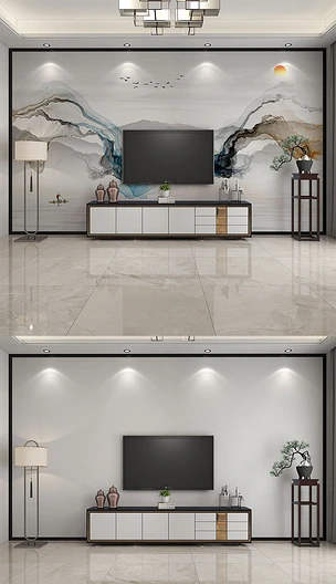 新中式客厅壁画壁纸山水花鸟电视背景墙样机