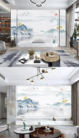 新中式意境水墨山水电视沙发悬空背景墙壁画