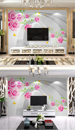 粉色玫瑰花纹壁画墙纸3D立体电视背景墙