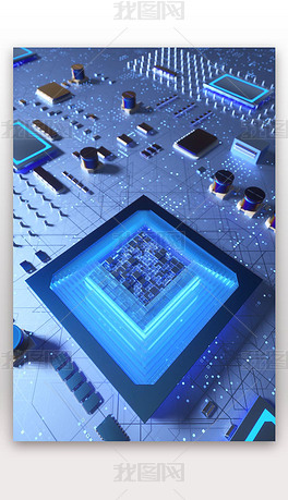 蓝色系金属科技风格芯片立体背景3D场景