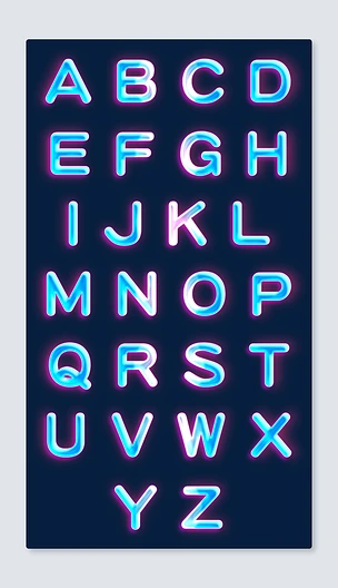 蓝紫荧光霓虹大写字母发光特效艺术字融合渐变