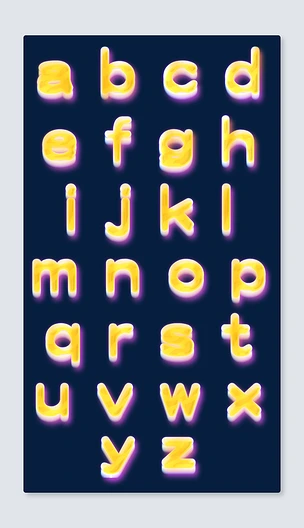 荧光霓虹小写字母发光特效艺术字黄紫色融合渐变