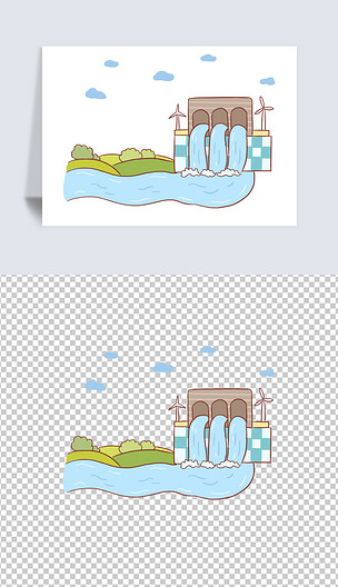 水库水利设施手绘卡通元素