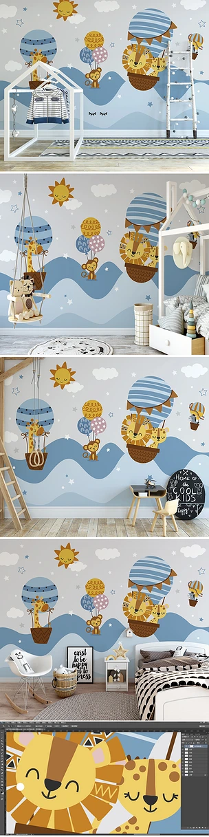 北欧ins手绘热气球小动物可爱儿童卧室背景墙