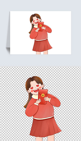 拿着红包的女孩png免扣元素