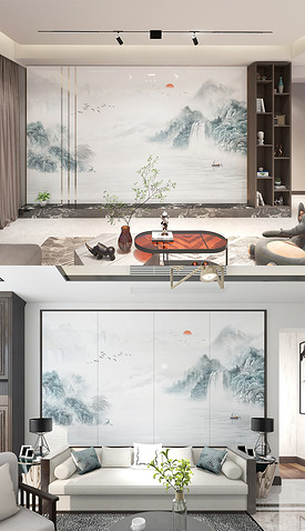 新中式国画山水抽象禅意麋鹿山水意境飞鸟背景墙