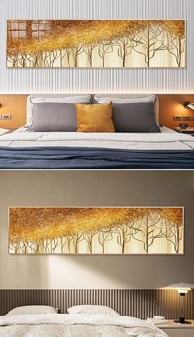 北欧轻奢现代手绘抽象金色森林发财树床头装饰画