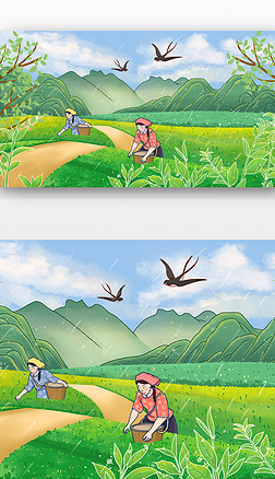 春天下雨插画|春天谷雨茶山采茶远景插画