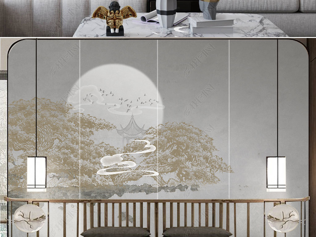 轻奢新中式壁纸电视背景墙卧室墙布装饰山水壁画