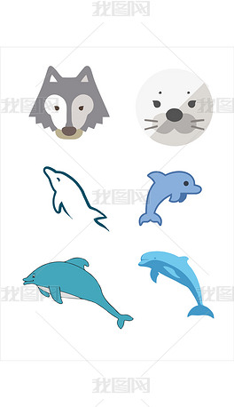 矢量手绘卡通小清新动物元素狼熊海豚鲨鱼图标