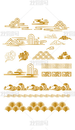 中国风古典金色渐变线性祥云纹浪花纹图案