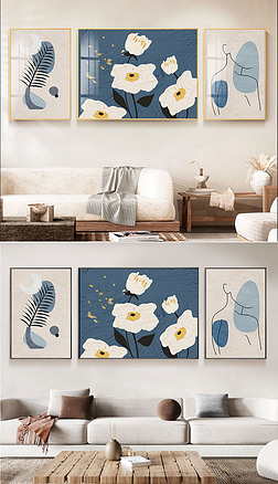 北欧侘寂抽象简约花卉线条色块客厅三联装饰画