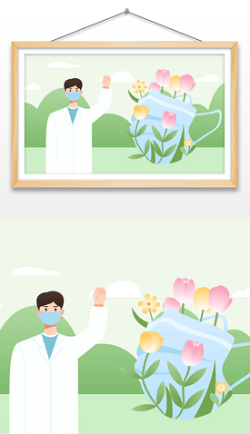 春季疫情男医生和花朵缠绕着口罩插画