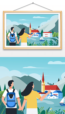 情侶去湖景船和藍天山脈的春天村莊全景插畫