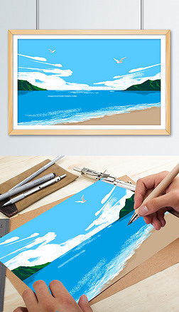 夏日海滩蓝色海洋沙滩户外风景海边假日卡通插画