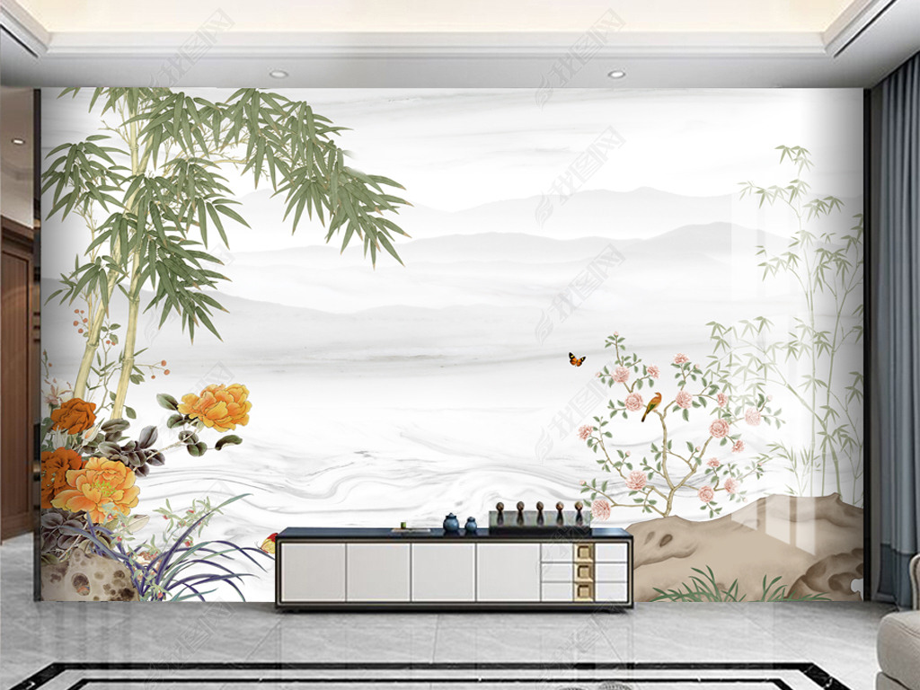 现代新中式手绘石纹工笔花鸟花电视背景墙